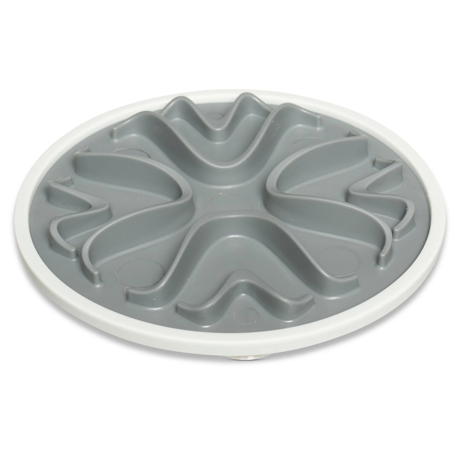 Top view of grey cat slow down feeder. Dark grey and light grey soft exterior. 