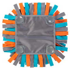 Back of snuffle mat shwoing 4 suction cups to hold the mat in plave while in use.   Machine Washable.