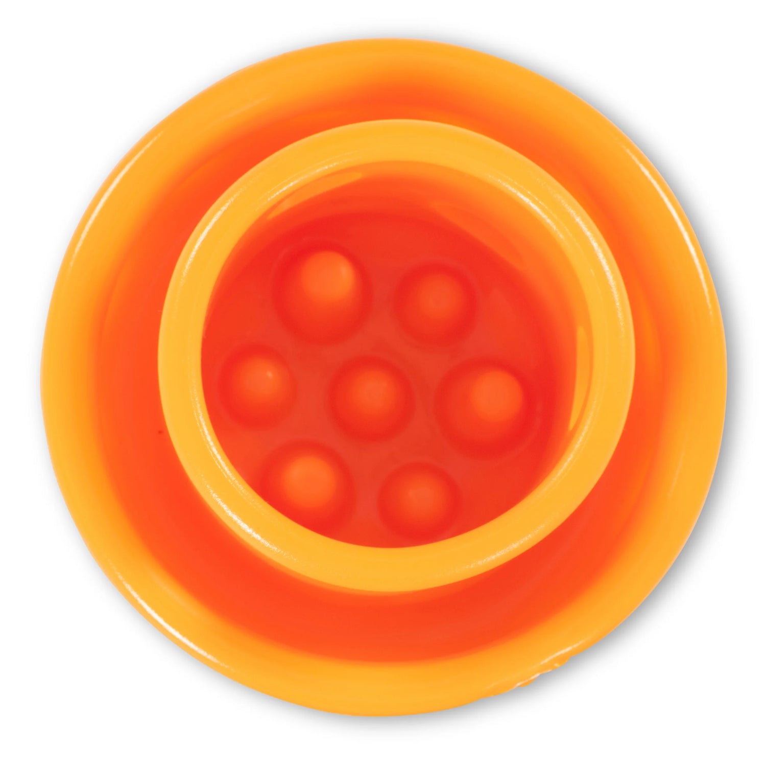 Mini orange mushroom dog toy with internal designs to hold food for play and enrichment.