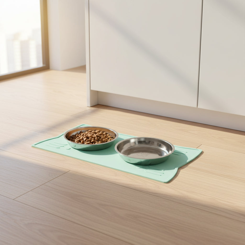 Two stainless steel bowls with food on a mint green mat in a modern kitchen 