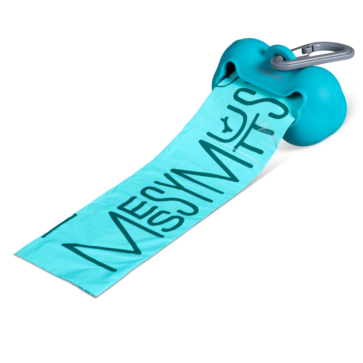 blue silicone dog poop bag holder. Teal Messy Mutts poop bag coming out of the front.  