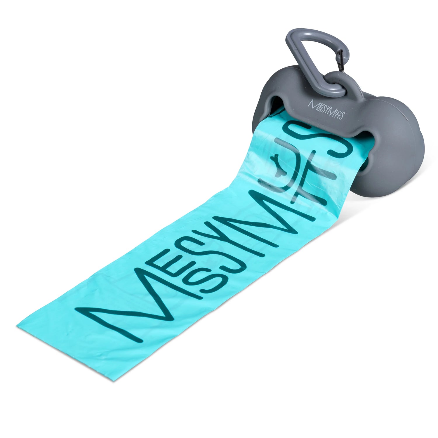 Grey silicone dog poop bag holder with carabiner and blue bio recycled bags coming out the front