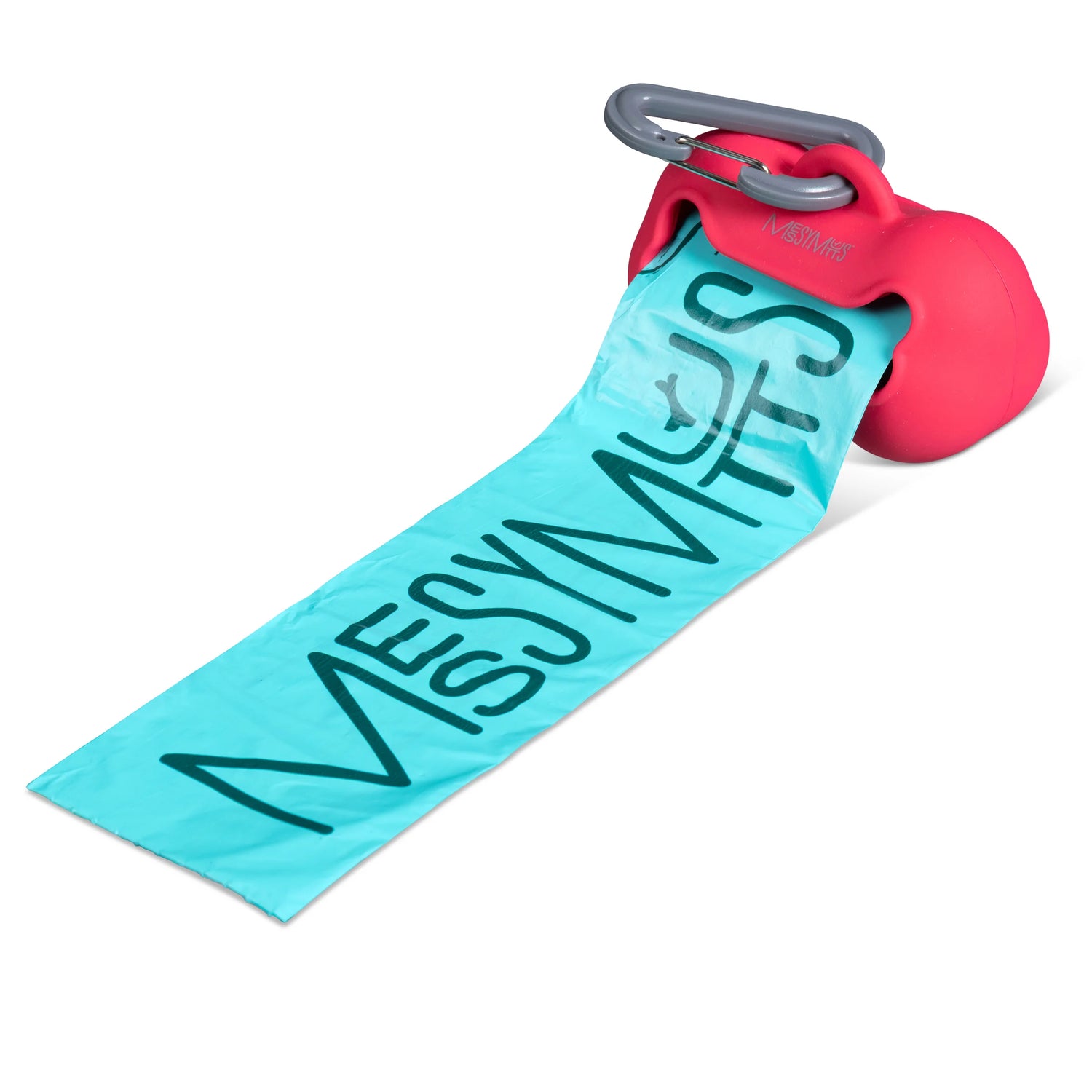 Red  silicone dog poop bag holder with teal dog poop bags rolling out of the front. 