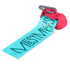 Red  silicone dog poop bag holder with teal dog poop bags rolling out of the front. 