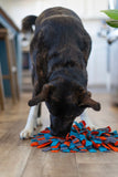 Dog hunting for food in snufle mat that helps promote the natural instinct of hunting or food and prolongs fending time.