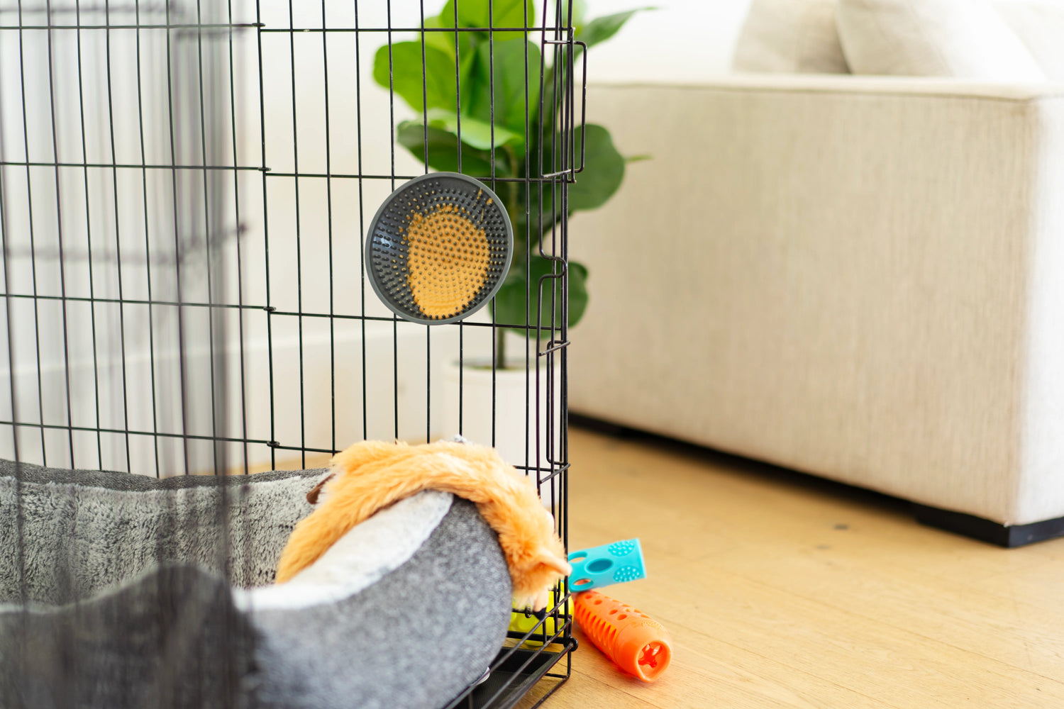 Grey lick mat/plate attached to a dog crate loaded with peanut butter. 