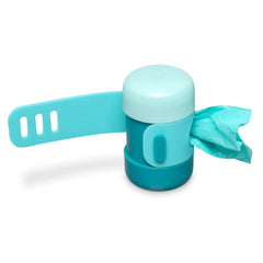 Blue poop bag holder with silicone strap.