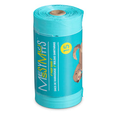 Single roll teal dog poop bags that are biorecyclable.  