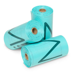 Three blue Messy Mutts dog poop bag rolls  ready for action. 