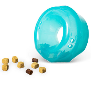 wobble ball that is translucent blue to allow you to see the treats.  Dishwasher safe 