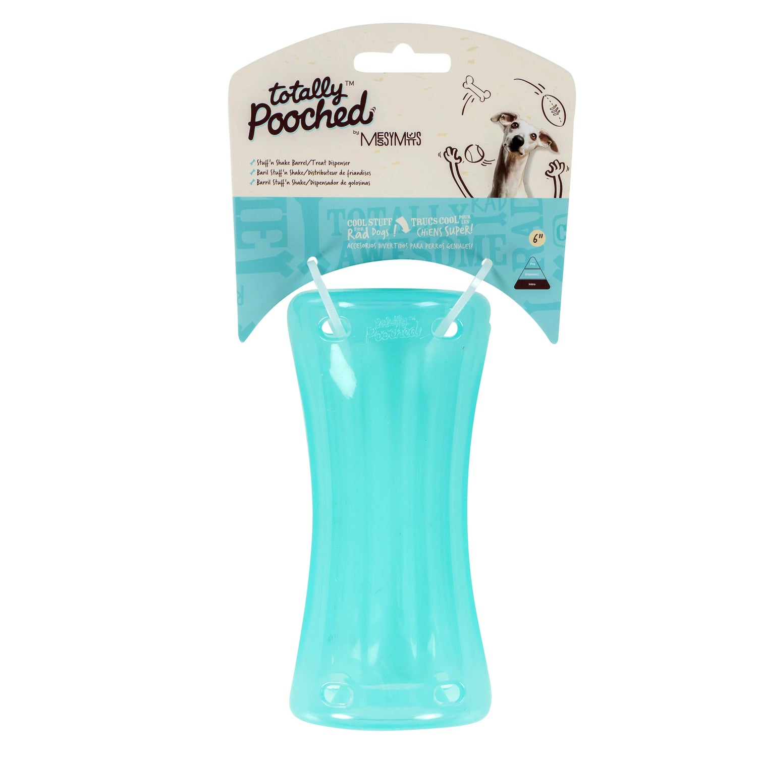 Teal dog toy in packaging.