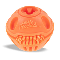 Orange ball dog toy designed to help clean teeth. 