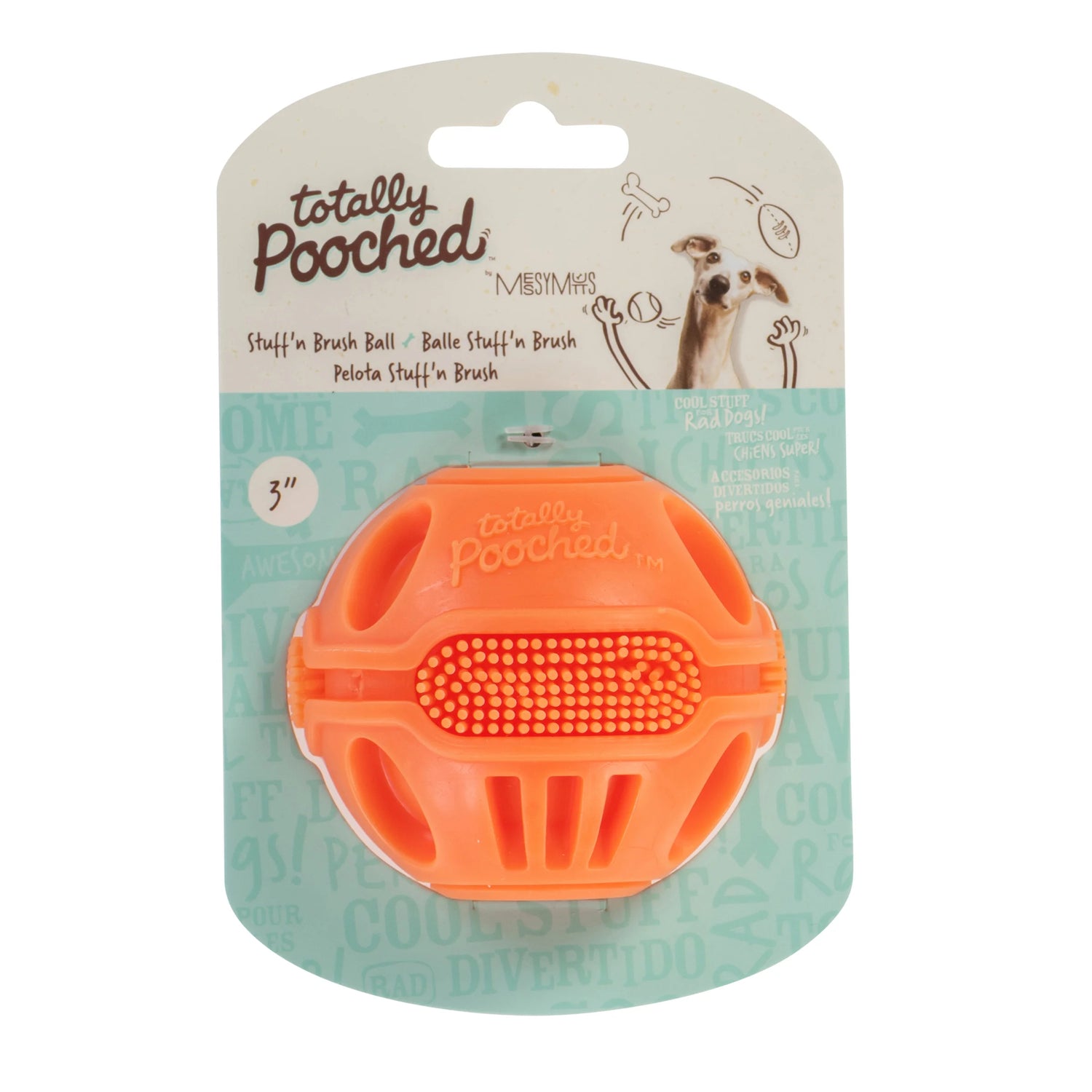 Totally Pooched 3 inch orange brush ball in packaging.