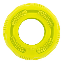 Close up of green tire dog toy designed with bristles to help massage gums and clean teeth.