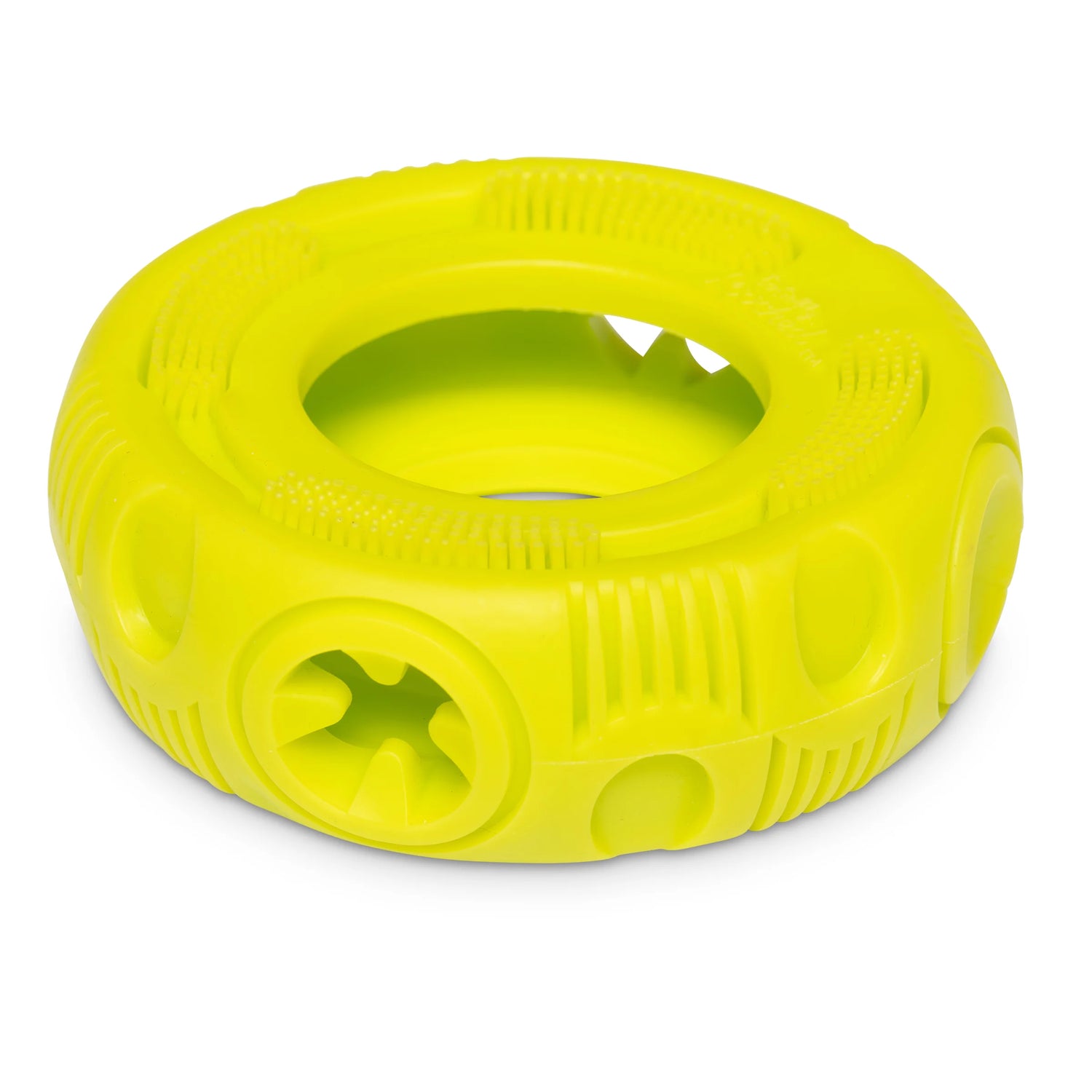 Green dog toy that is designed to freshen breath by promoting healthy chewing habits. 