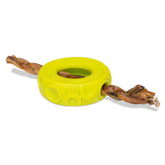 Bully stick stuck in and through the tire dog toy.  Great for holding long dog treats. 