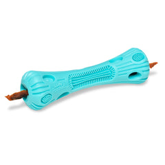 Dental dog toy with treats coming out of the ends.  Bristles to help massage gums and promote fresh breath.