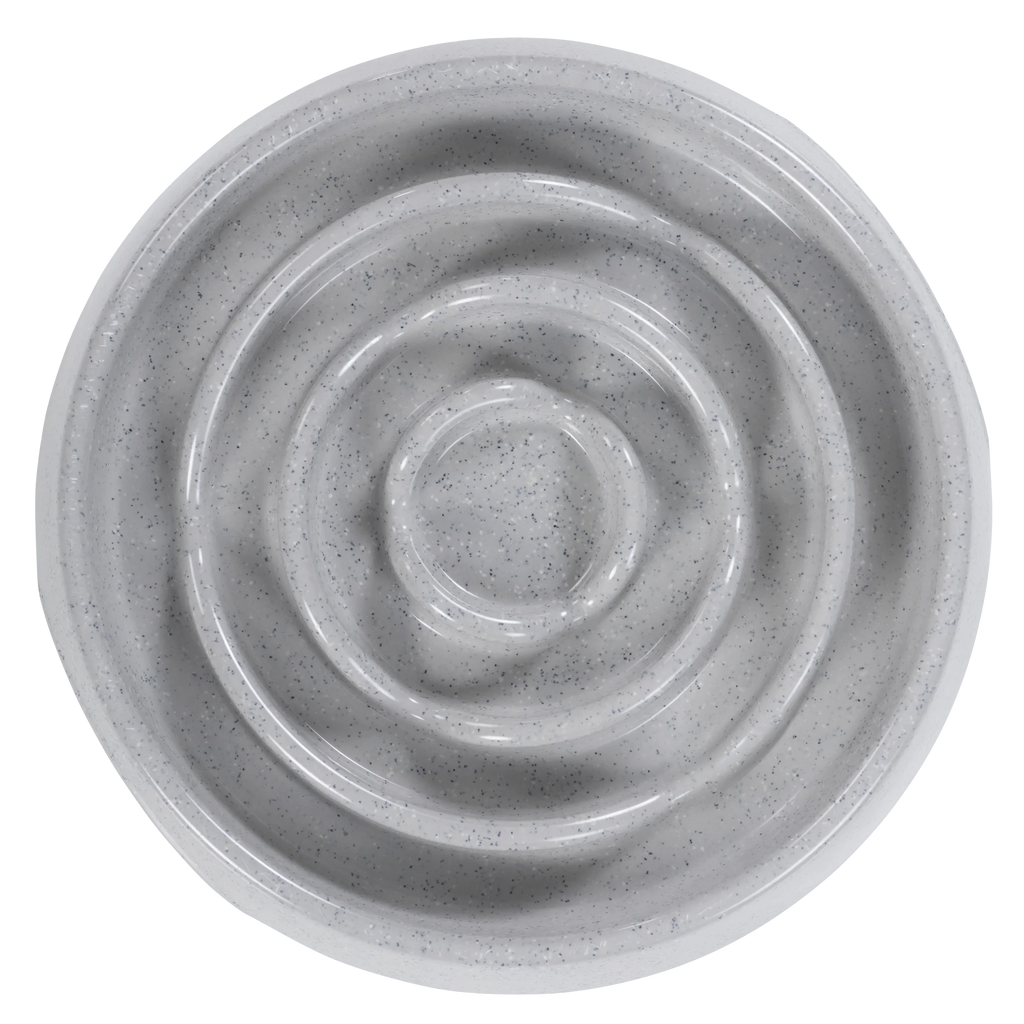 Gray dog and cat slow down bowl with concentric circular design 