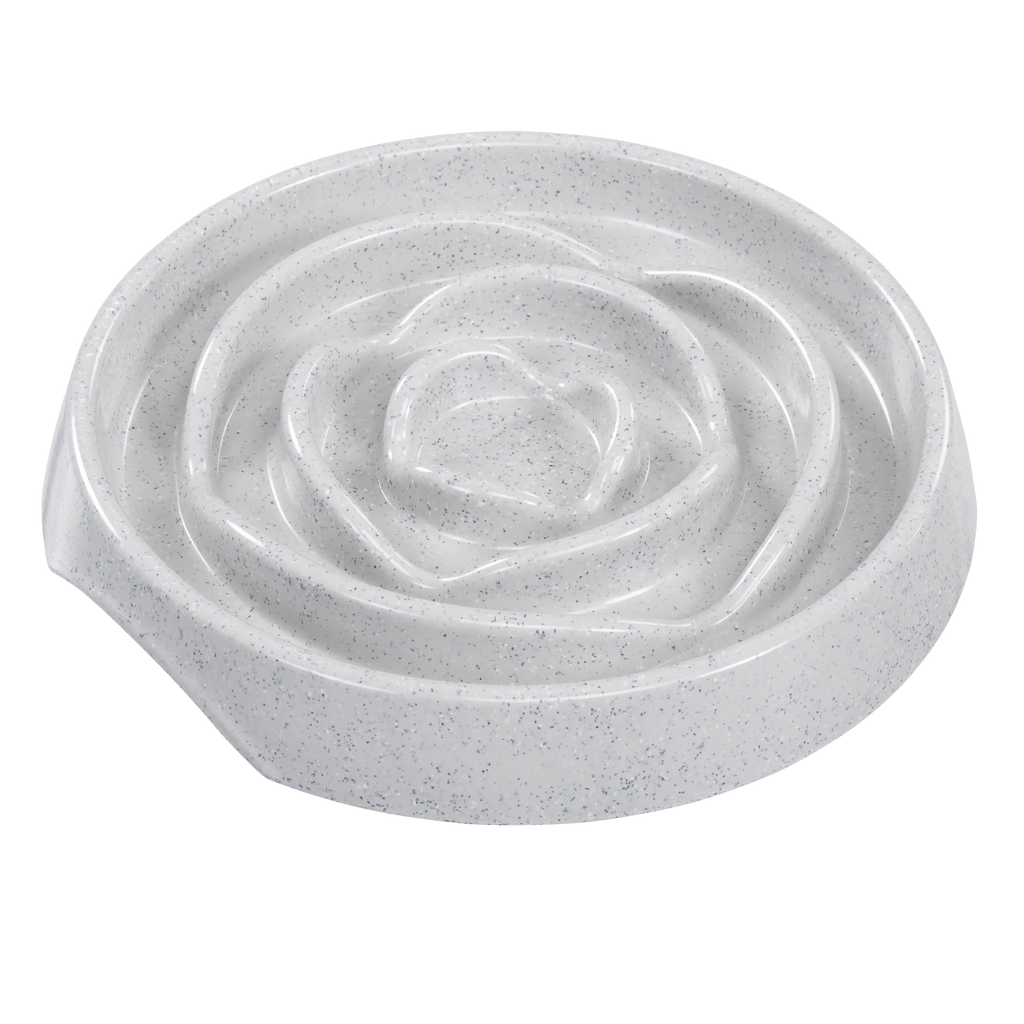 Speckled gray pet bowl with a flower design to slow down dog and cat feeding