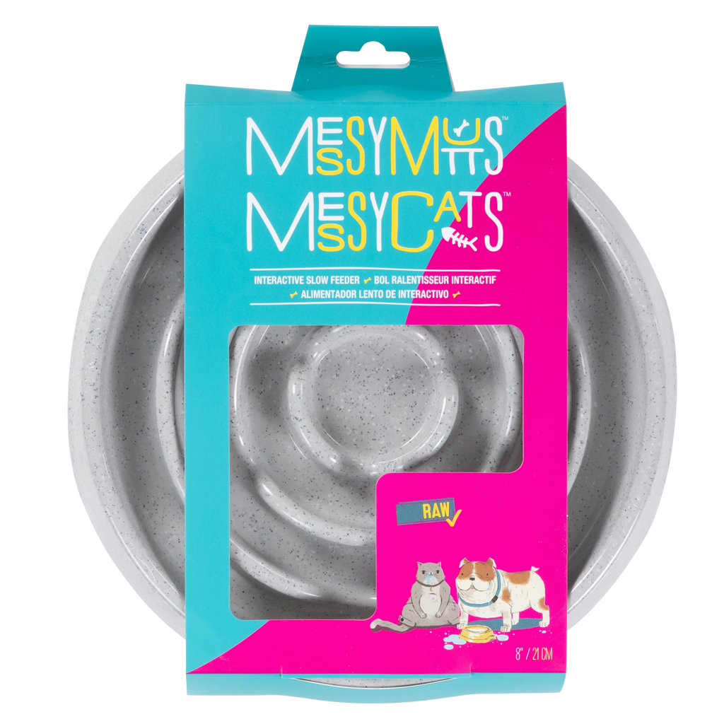 Messy Mutts and Cats interactive slow feeder in packaging with a  window showing the feeder inside.