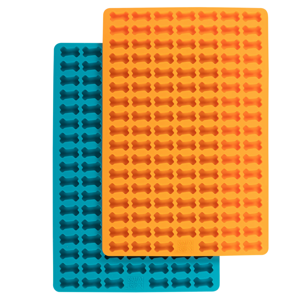 Two silicone molds for making dog treats, one orange and one blue, 118 molds per tray, dishwasher safe.