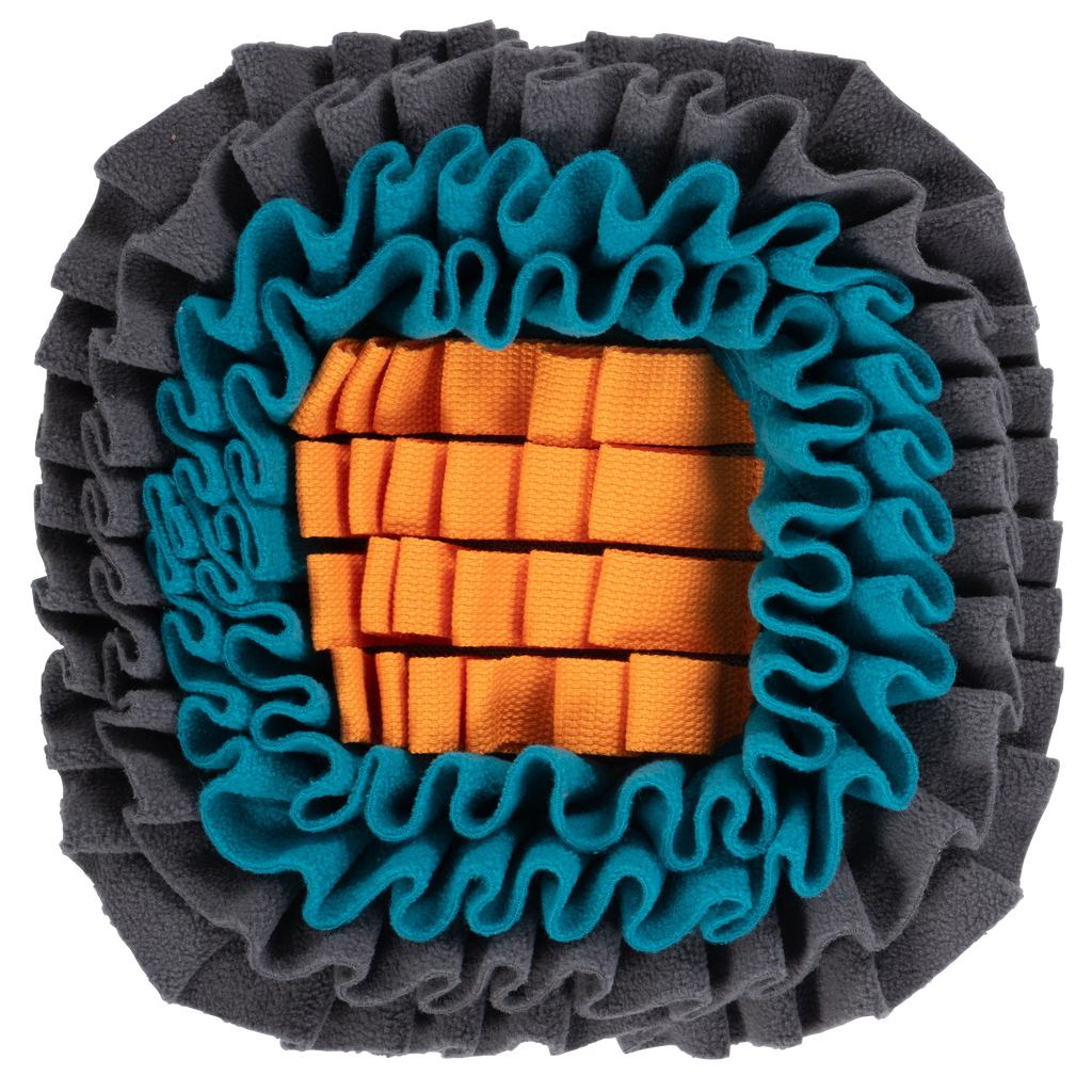 Square 11 inch snuffle mat, blue, orange and grey