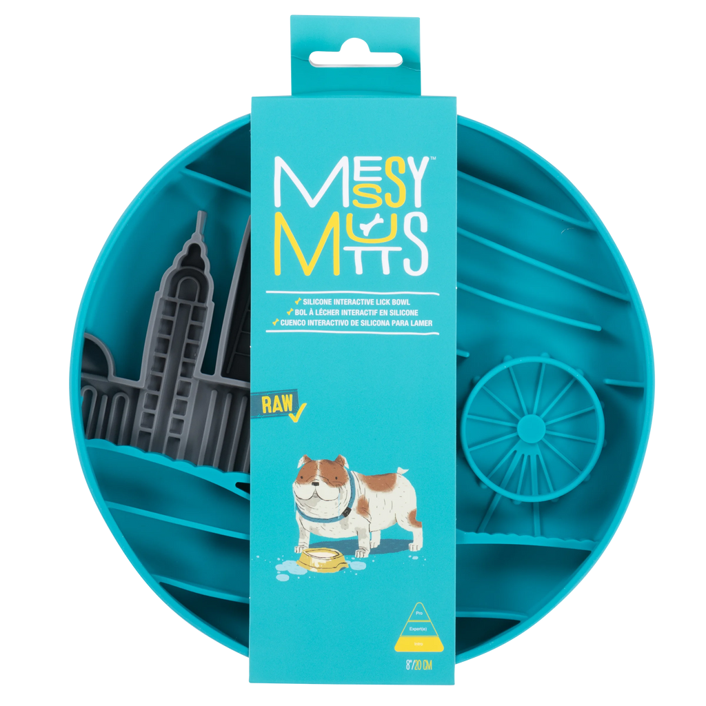 Messy Mutts Cityscape slow down feeder in hangtag packaging. 