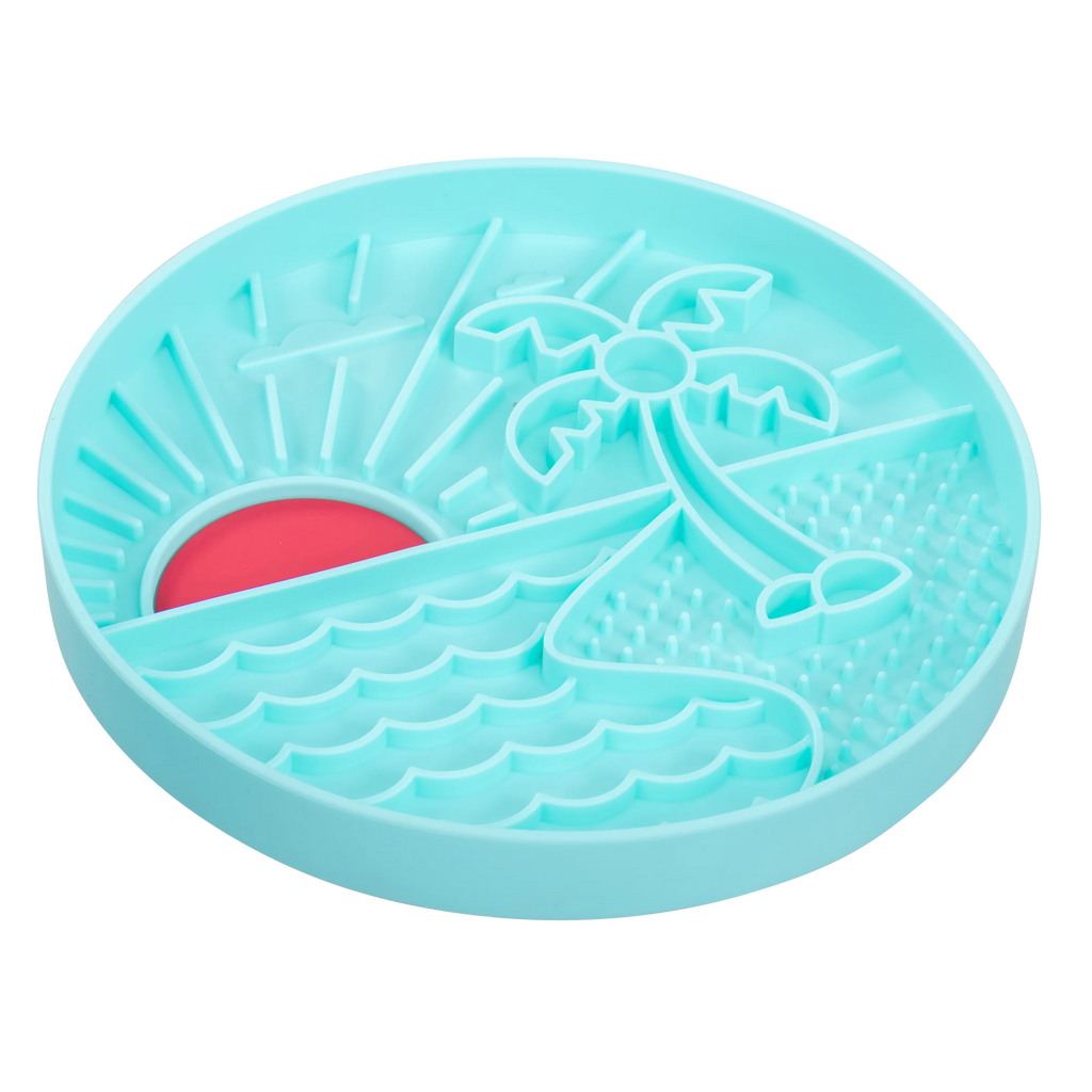 Teal silicone enrichment dog feeder to slow down eating.  Dishwasher safe.
