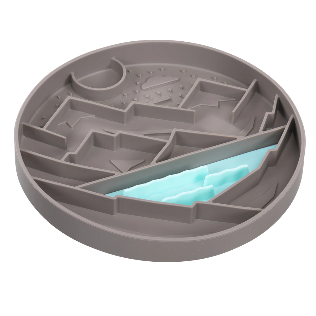 Grey mountain scene maze for dog enrichment feeding.  Slow down bowl. 2 cup capacity.