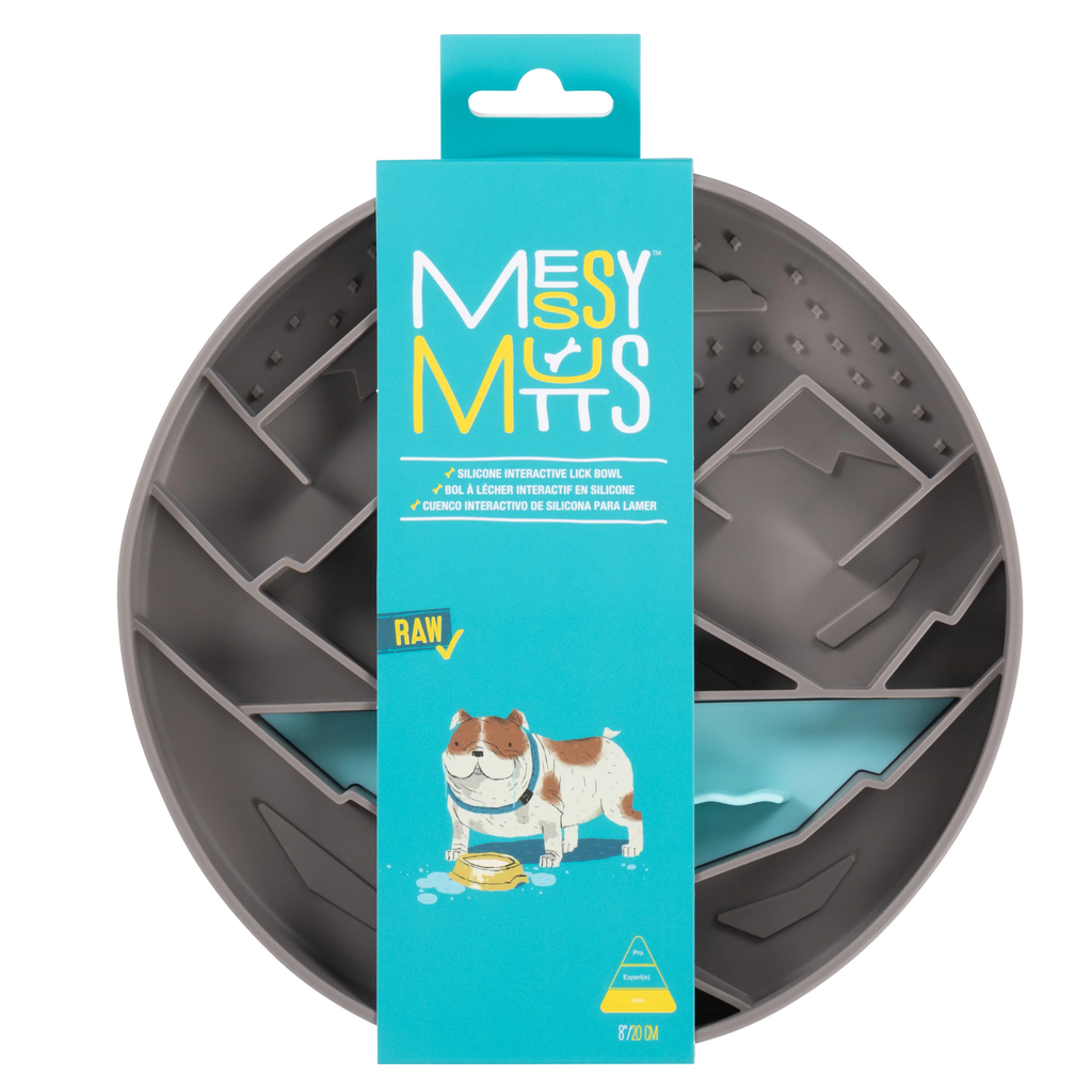 Mountain and lake scene silicone pet slow feeder in Messy Mutts hang tag packaging.