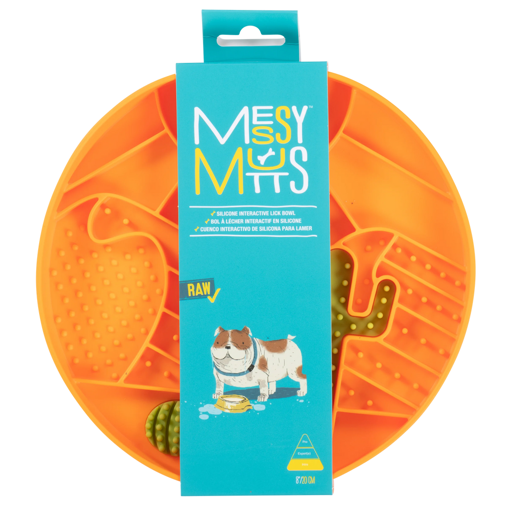 Orange Messy Mutts dog slow feeder boewl with hang tag packaging.