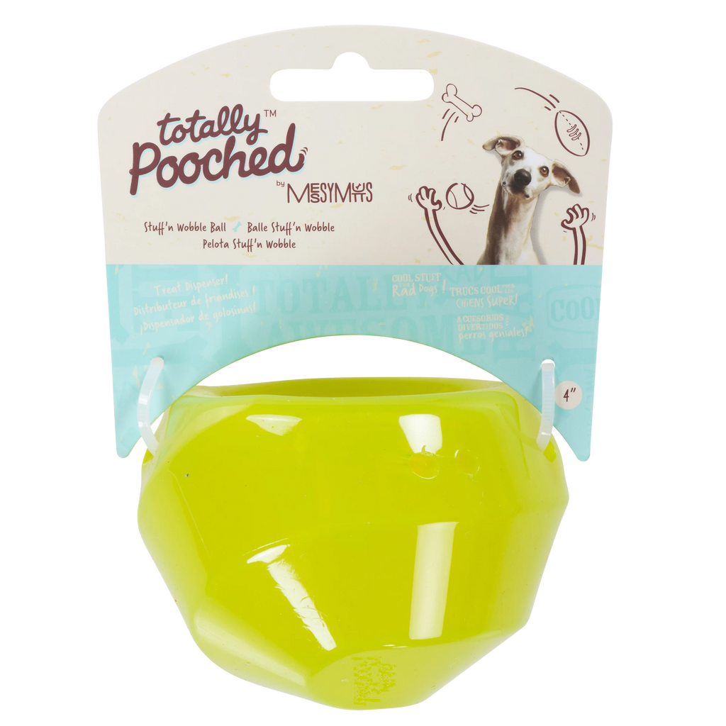 Green dog toy with 'totally pooched' packaging on a white background