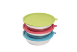 Stackable three piece dog bowl set.  Color coded. Dog food storage solutions.  