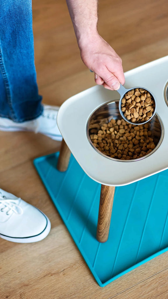 Large blue silicone mat fits perfectly under the Messy Mutts elevated double diner.  