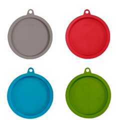 Red, Grey, Blue, Green dog bowl lids in various sizes.  Air tight dog food storage containers.