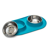 Removable stainless steel bowls  in the blue Messy Mutts dog feeder.  Dishwasher safe!