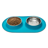 Blue dog food and water bowl holder.  Side by side design  for space saving.