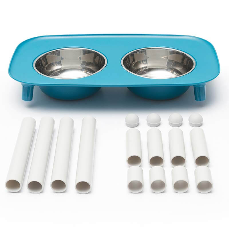 Blue dog feeder with three leg heights, stainless steel bowls and non slip feet. 