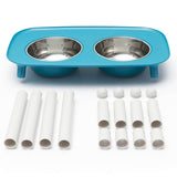 Blue dog feeder with three leg heights, stainless steel bowls and non slip feet. 