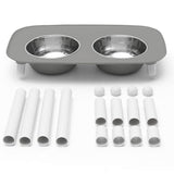 Grey raised dog feeder with 3 leg heights, removable stainless steel bowls and non slip feet.