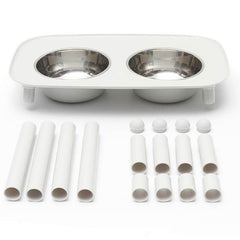 Light grey raised  double dog feeders.  3 leg heights to grow with your dog.  