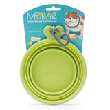Green Collapsible silicone pet travel bowl with carabiner.  Collapses to less than 1 inch. 