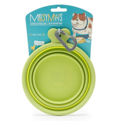Green Collapsible silicone pet travel bowl with carabiner.   