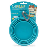 Blue Collapsible silicone dog travel bowl with carabiner. Dishwasher safe.