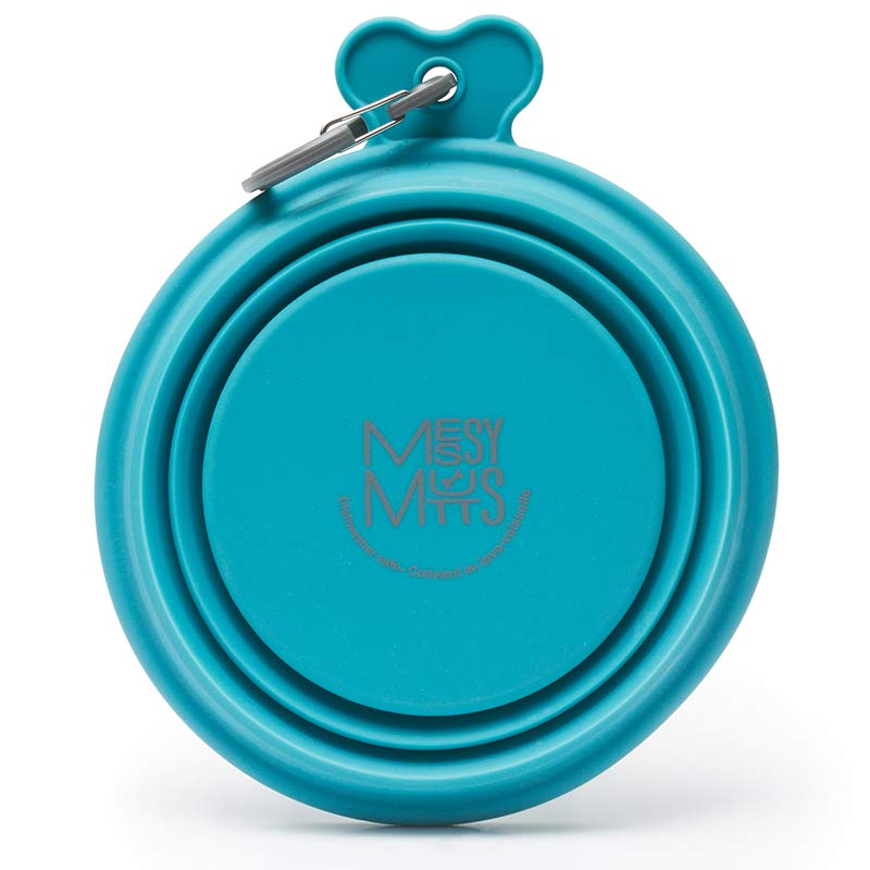 Blue Collapsible silicone travel bowl with carabiner 1.75 cup capacity. Collapses to less then 1 inch in height. 