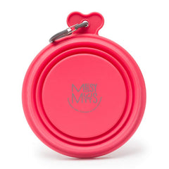 Red Collapsible silicone dog travel bowl with carabiner, 3 cup capacity.