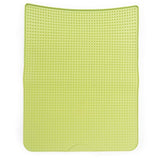 Green cat little mat fits in front of most cat litter boxes.  Easy to clean.  dishwasher safe materials. 