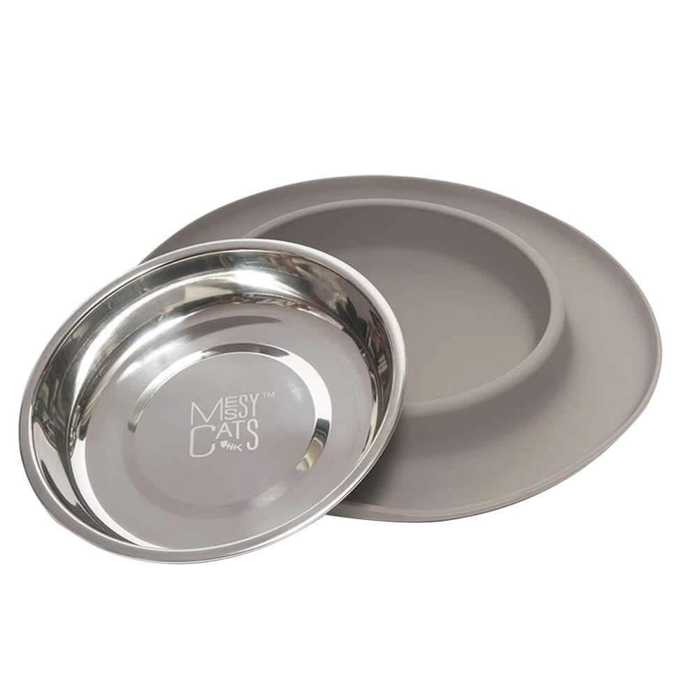 Grey silicone non slip cat bowl.  Dishwasher safe.