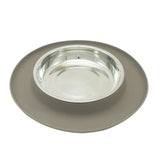 Grey non slip cat food feeder.  Dishwasher safe base and stainless steel food bowls.  