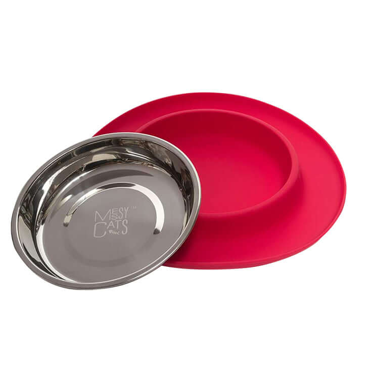 Removable stainless steel cat bowl and non slip base. Dishwasher safe. 